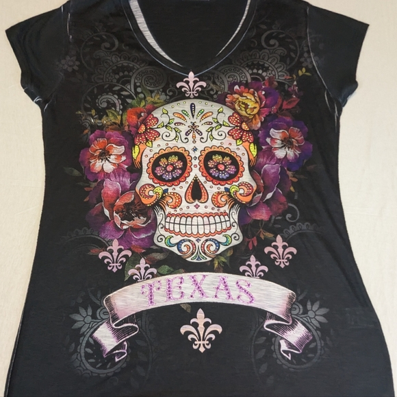 Texas Candy Skull Bling Sweet Gisele Day Of The Dead Sparkle Black Blouse XXL - Picture 4 of 8